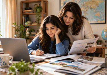 دانش‌آموز نوجوان در کنار مادرش در حال بررسی مسیر تحصیل و اعتبار GCSE آنلاین در خانه