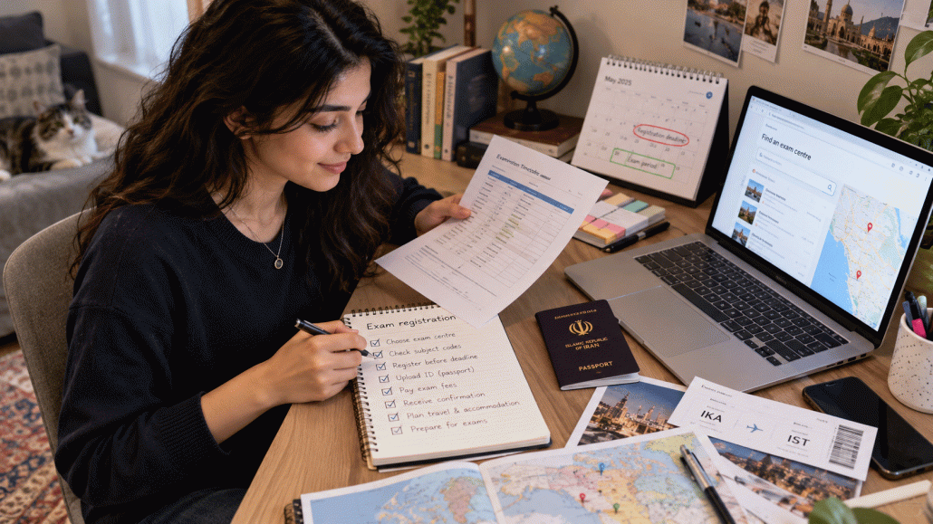 - دانش‌آموز در حال بررسی ثبت‌نام آزمون، مرکز آزمون و مدارک موردنیاز برای GCSE آنلاین